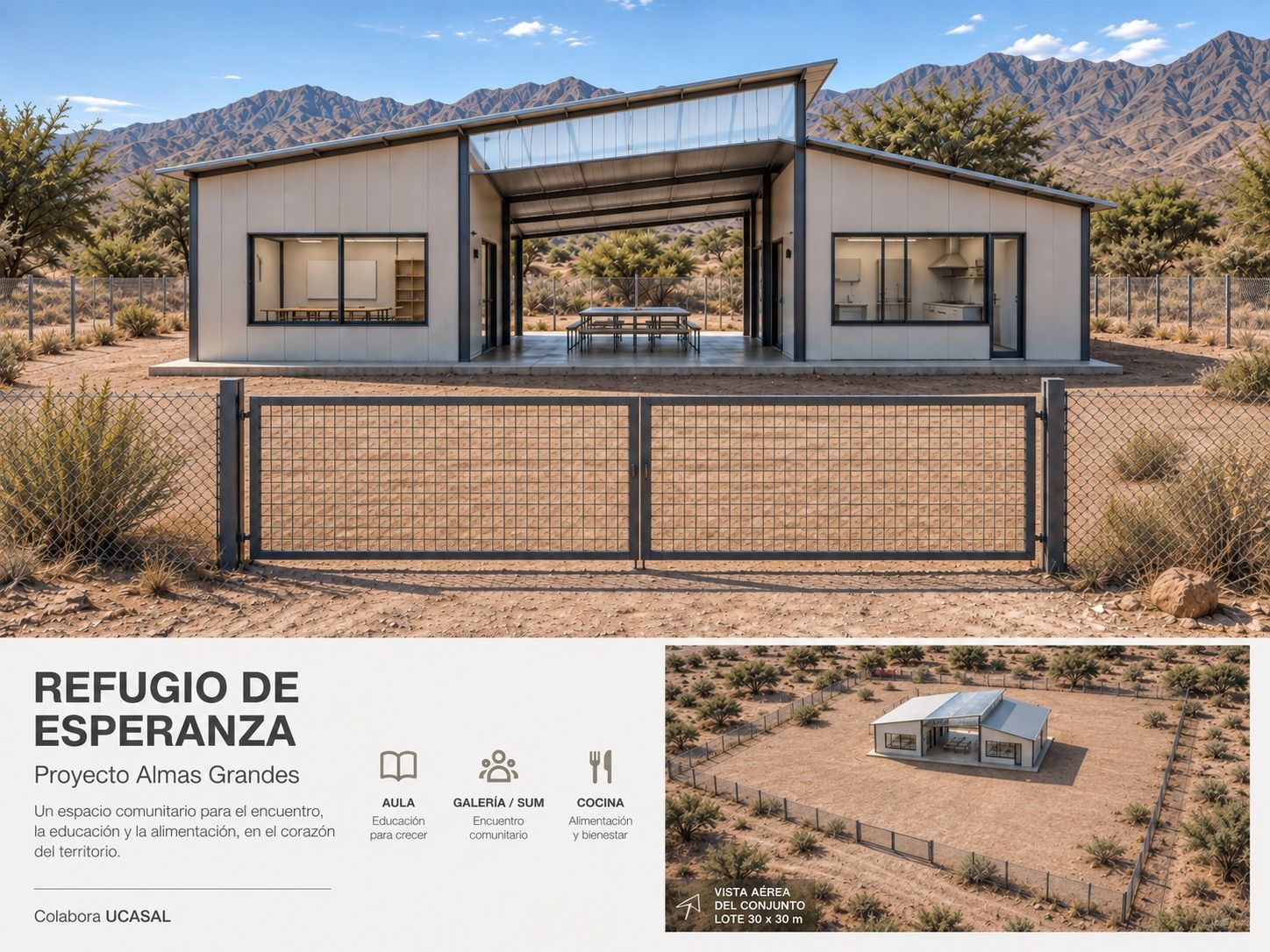 Vista del proyecto Refugio de Esperanza: el comedor comunitario con su galería abierta, el aula y la cocina